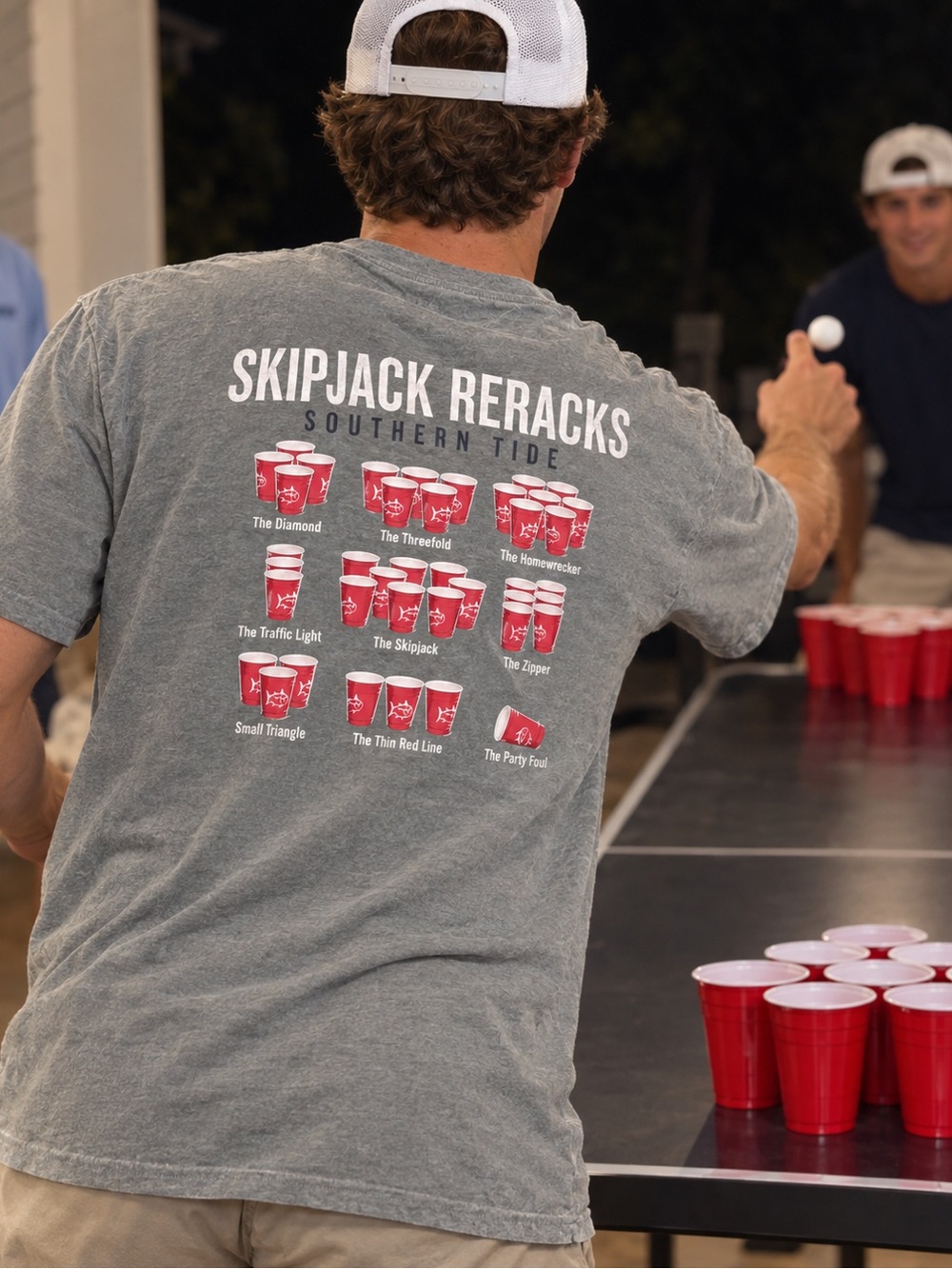 Southern Tide Skipjack Reracks Pong Gray Tee with Red Cup Graphics